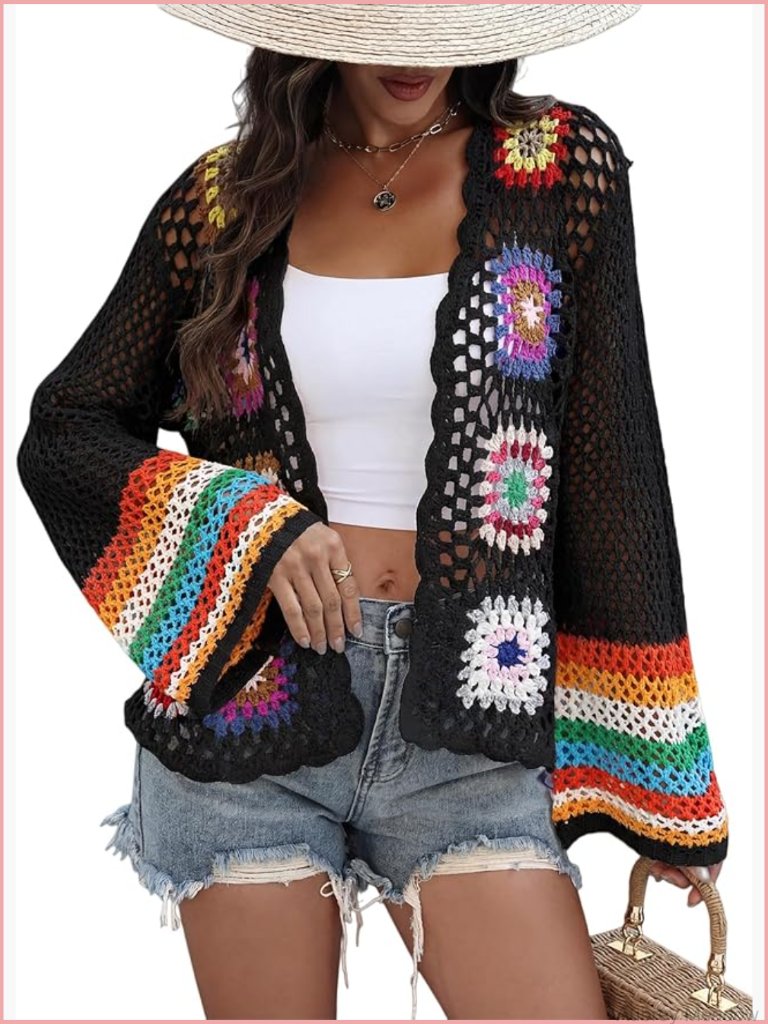 Women Crochet Cardigan Lightweight Open Front Long Sleeve Boho Top Summer Knit